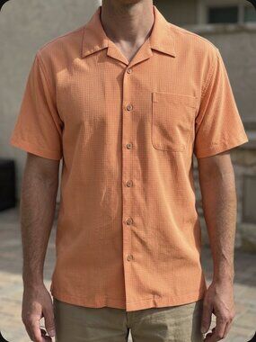 Harriton Mens Barbados Camp Shirt XS Pineapple Orange Cubavera Style NWT